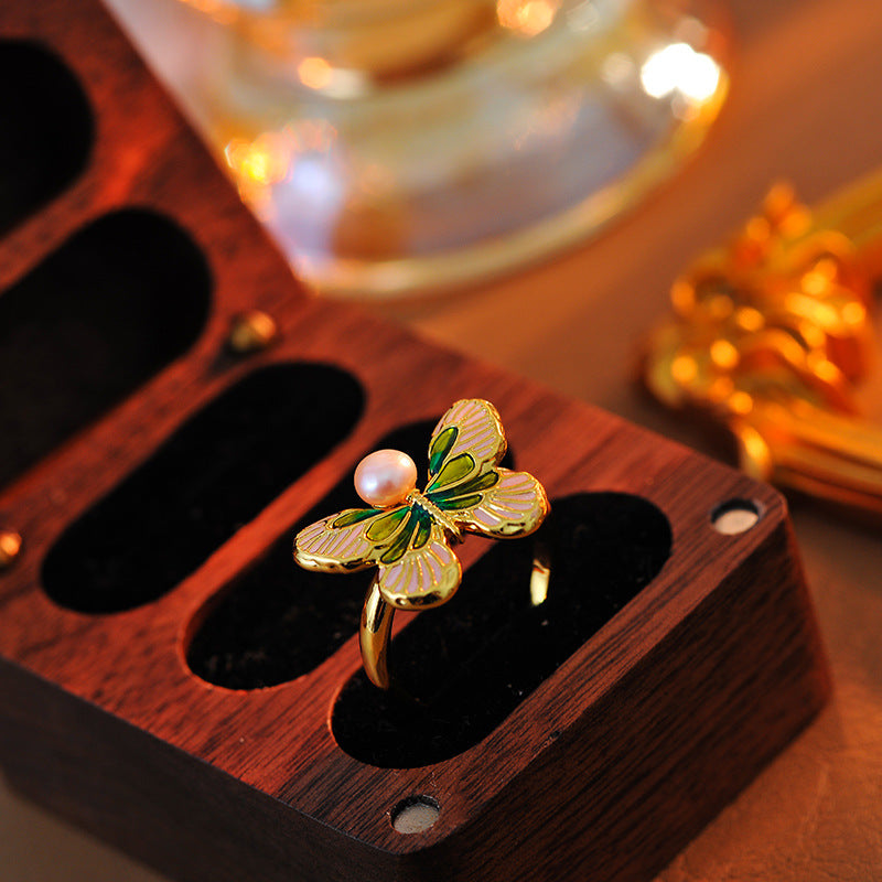 Falang color super fairy niche design Mori butterfly exquisite baroque pearl ring simple A10249