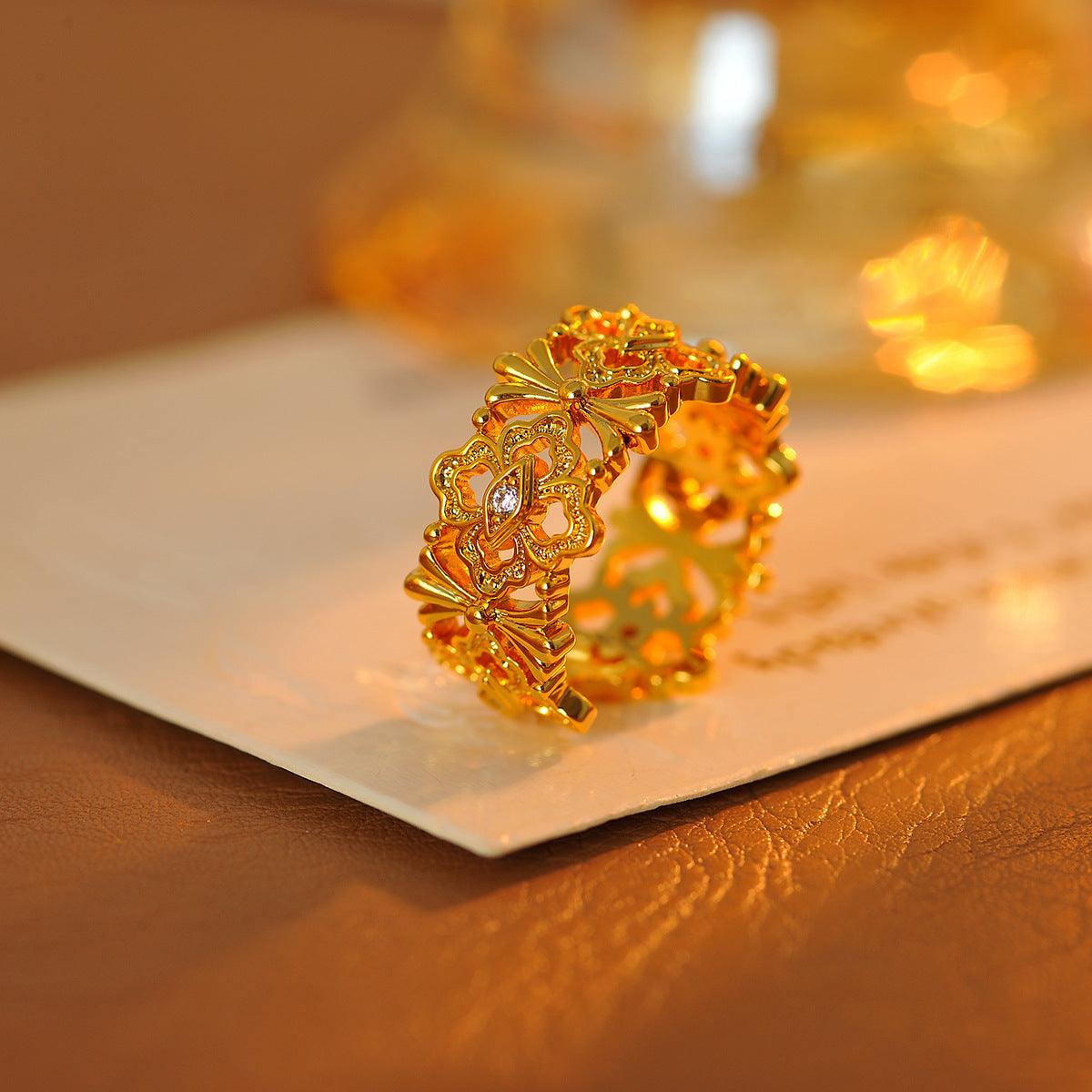 Hollow-Out Floral Open Ring, Adjustable Vintage Band with Luxury Niche Design