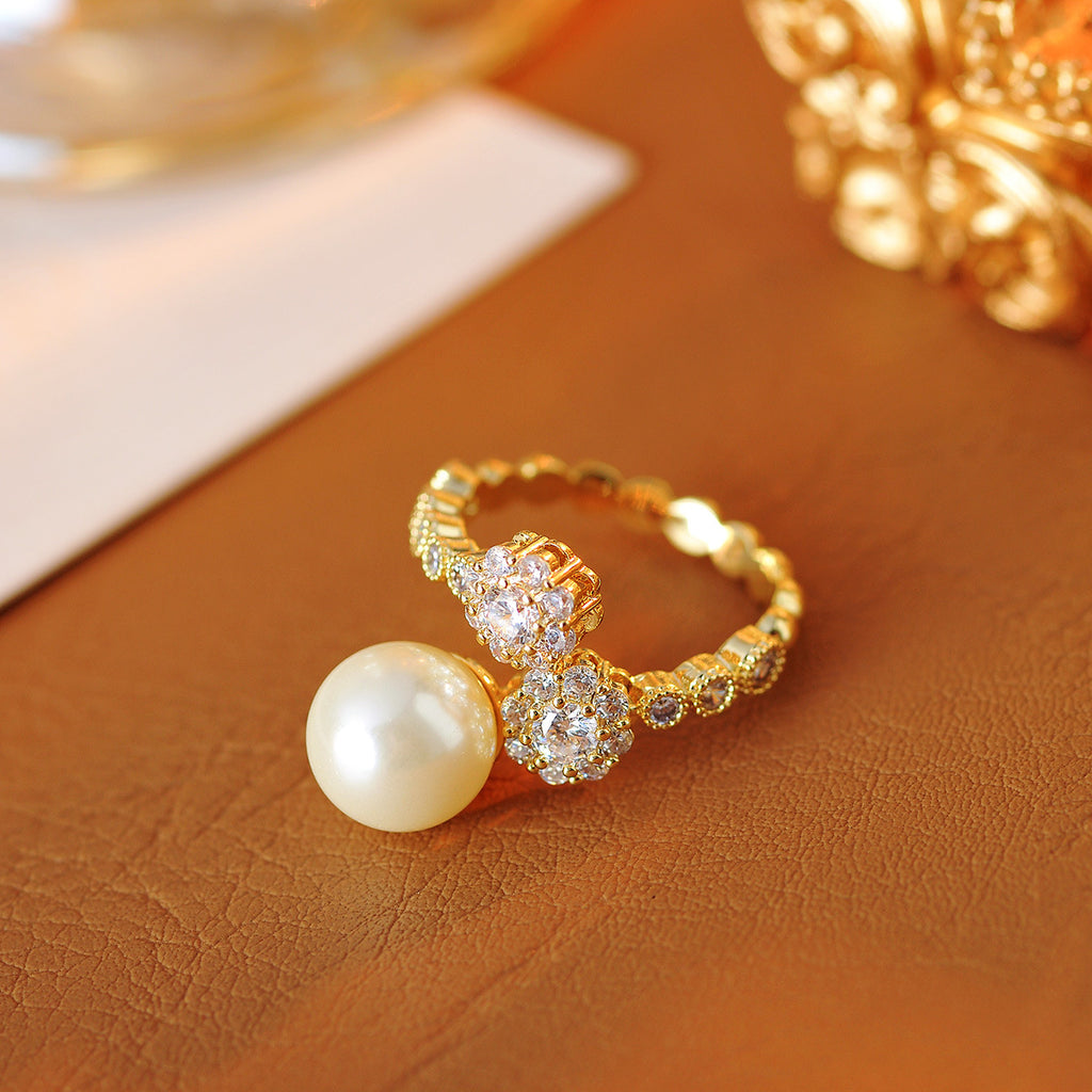 French Vintage Full-Diamond Australian White Pearl Ring - Unique Trendy High-End Index Finger Ring