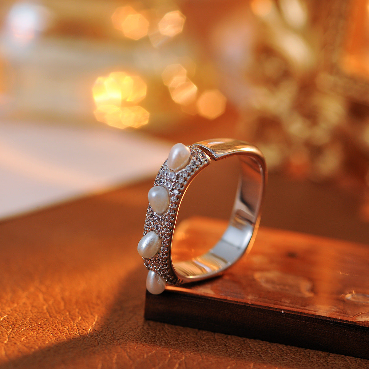 Japanese light luxury new square freshwater pearl ring niche design personality beautiful ring