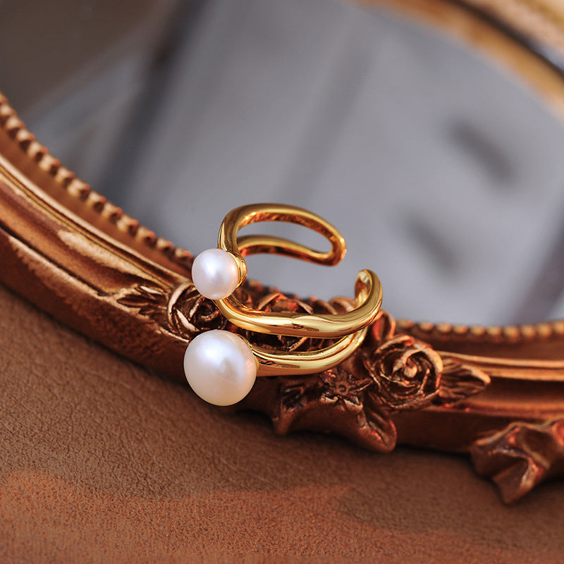 New European and American gold-plated exaggerated wide version index finger ring, high-end natural pearl ring, versatile hand jewelry A10322