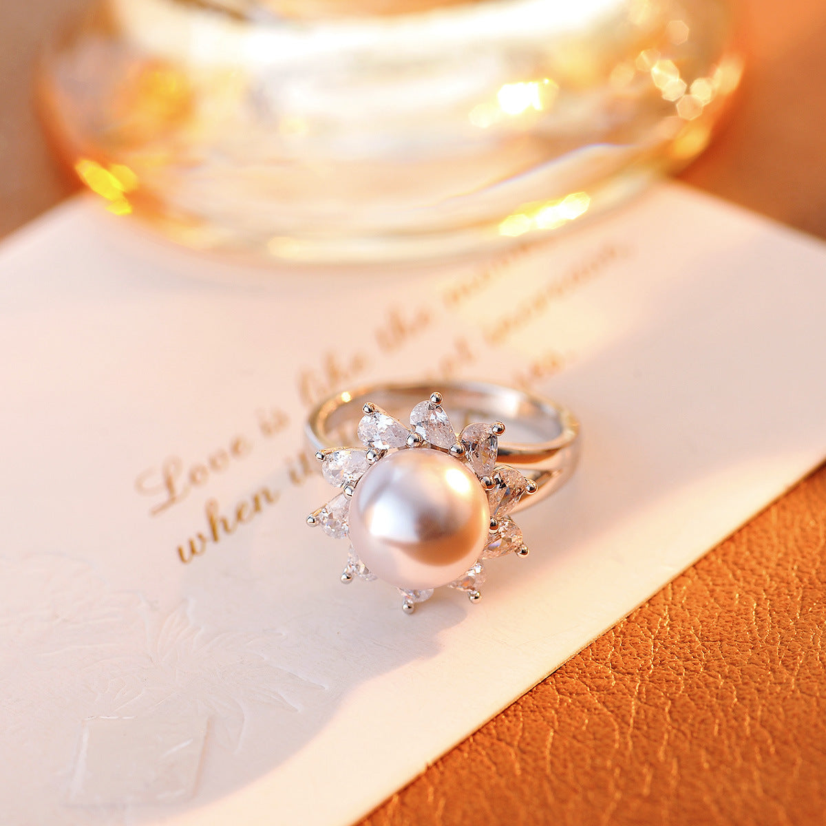 Light purple gray imitation pearl sunflower open ring fashion micro zircon adjustable ring female