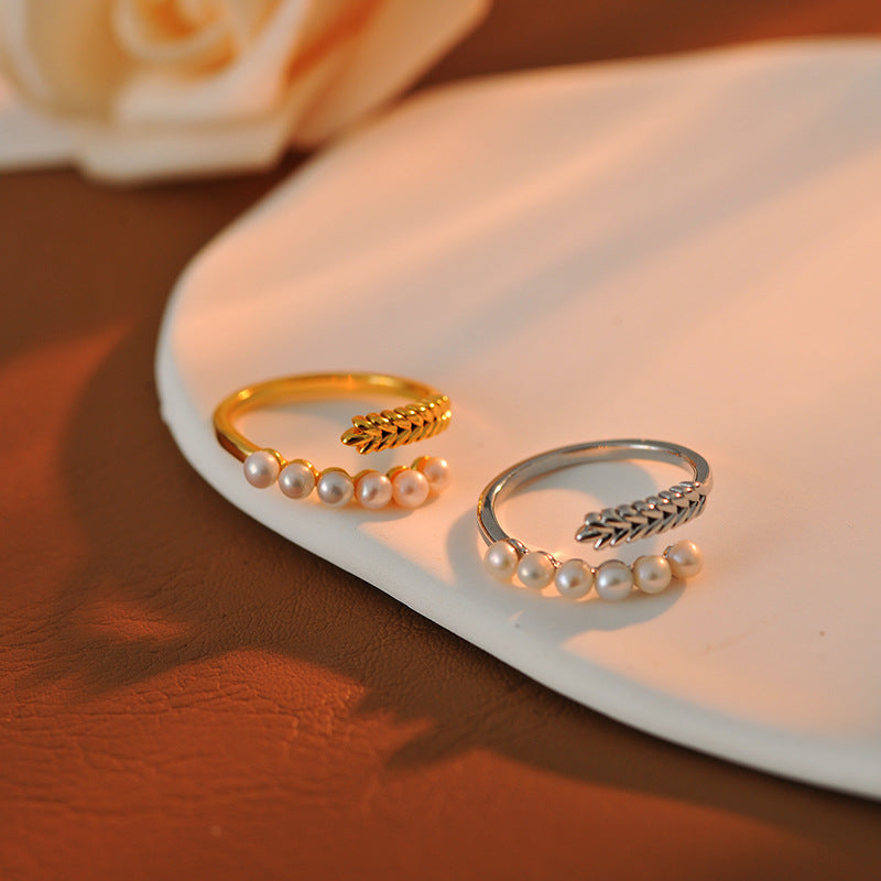 Wheat Ears Simulated Pearl Open Ring, Light Luxury Niche Design Cold Aesthetic Index Finger Ring
