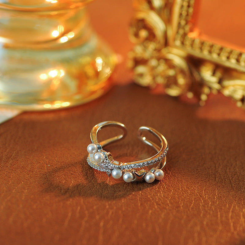 Double Star Simulated Pearl Open Ring,  Adjustable Index Finger Ring for Women