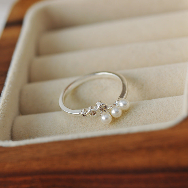 French Retro Grain Pearl Open Ring, High-End Zircon Adjustable Band for Women