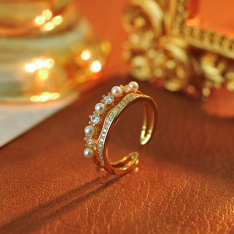 Dual Design Zircon & Simulated Pearl Open Ring, Niche Fashion Light Luxury Index Finger Ring