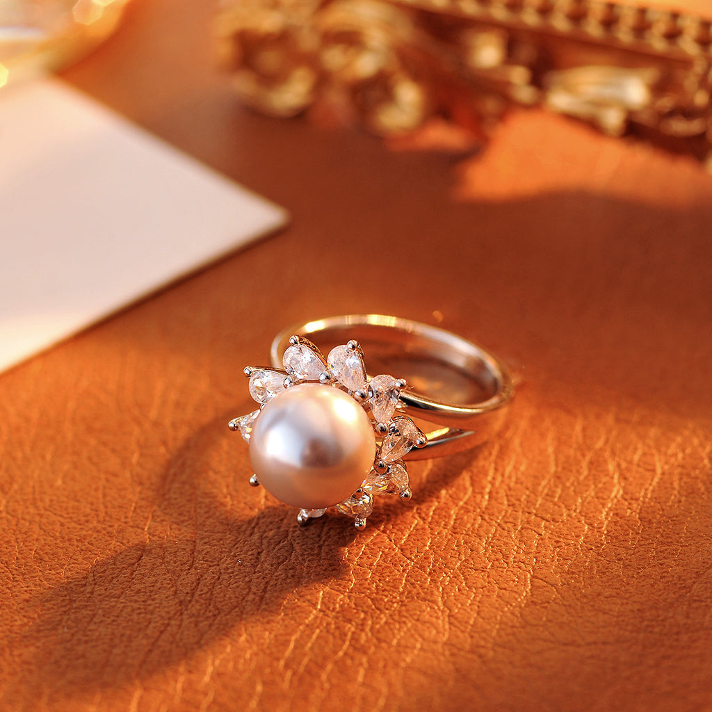 Light purple gray imitation pearl sunflower open ring fashion micro zircon adjustable ring female