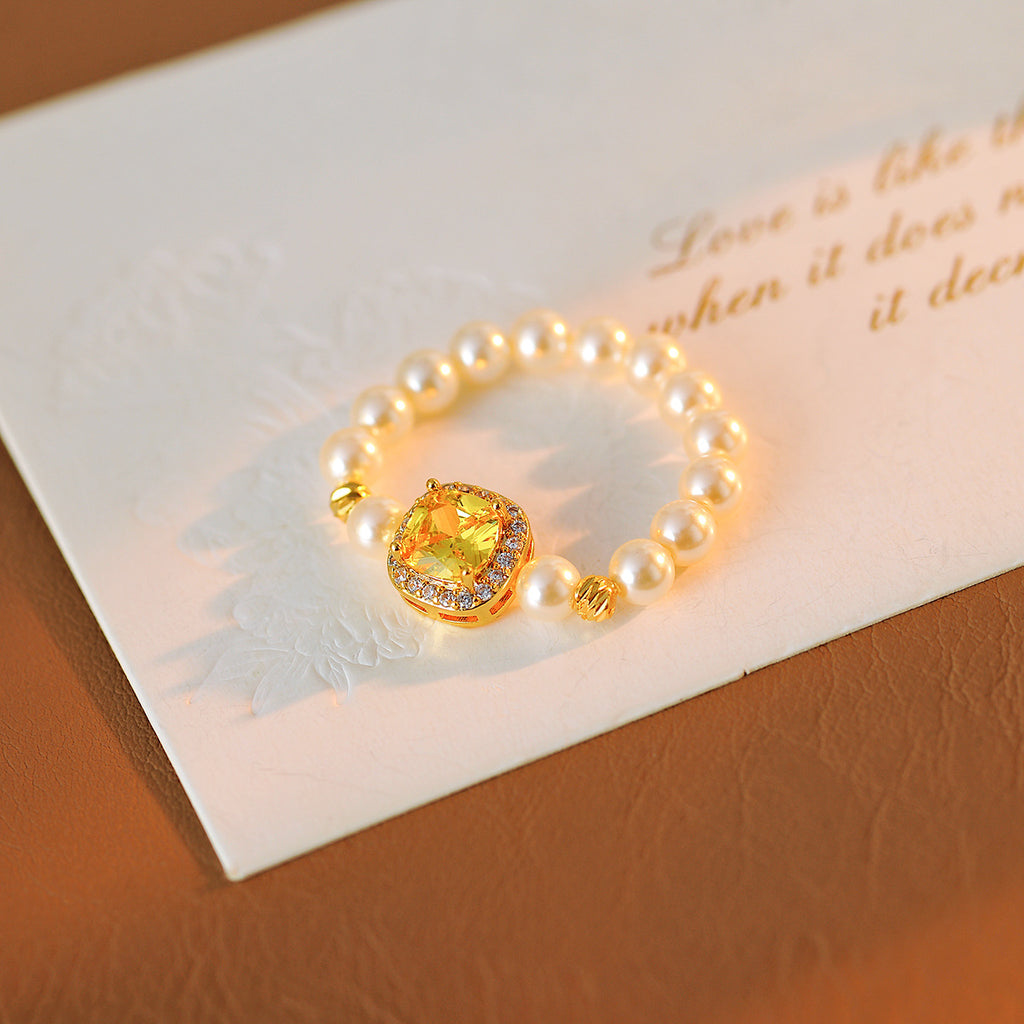 Sugar Cube Simulated Pearl Ring, Niche Geometric Elastic Band, Versatile Light Luxury Jewelry