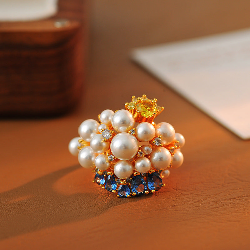 Shining stars full of diamonds pearl ring blue water drop design luxury fashion ring yellow zircon noble ring