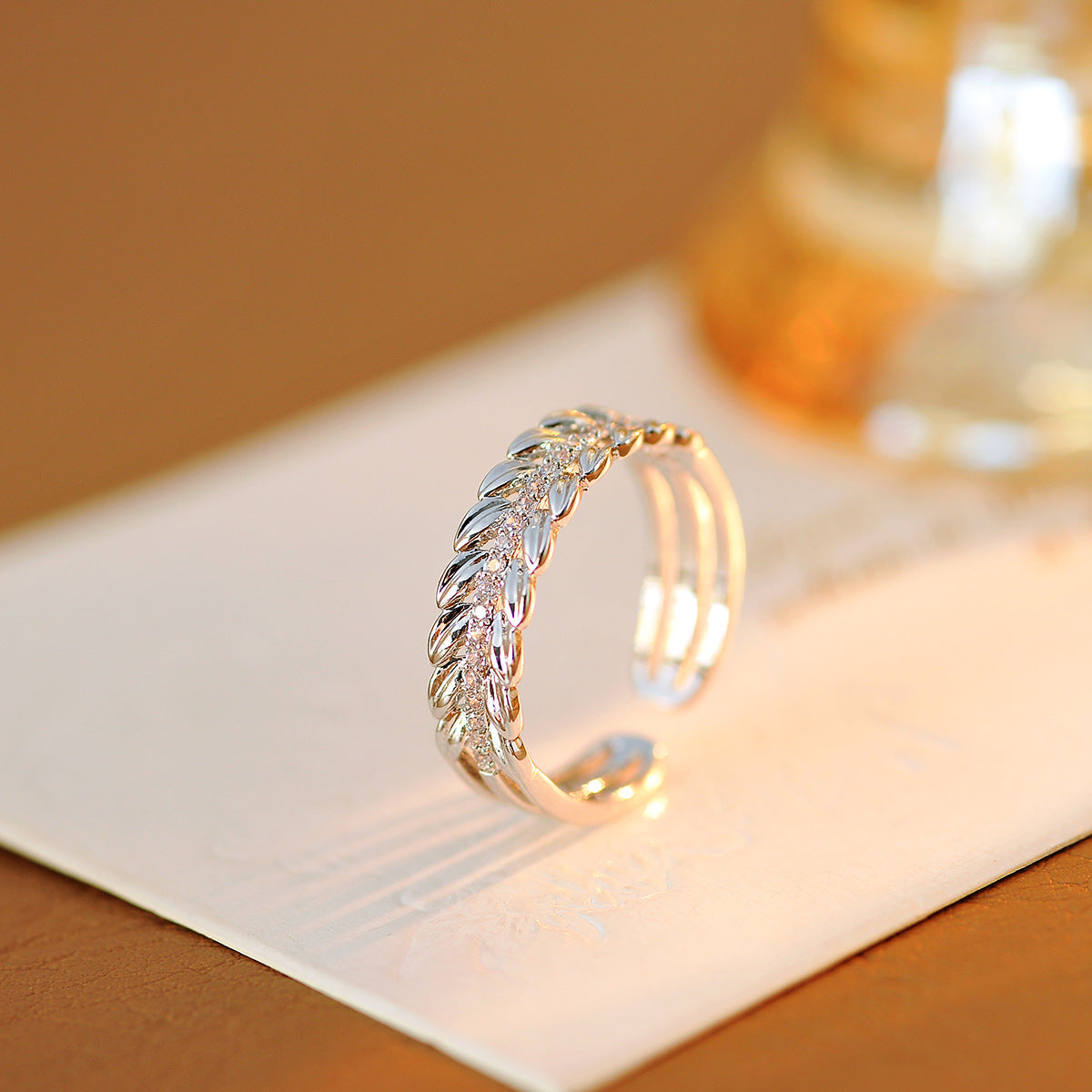 Luxury Hollow-Out Wheat Zircon Open Ring, Niche French-Inspired Design for Women