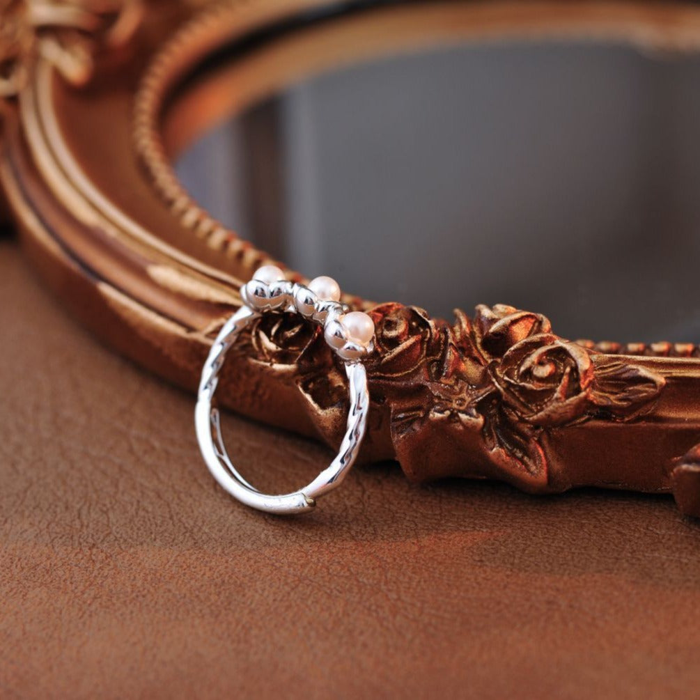 Minimalist S925 Sterling Silver Flower Ring with Mini Simulated Pearl, Small Aesthetic Open Adjustable Ring