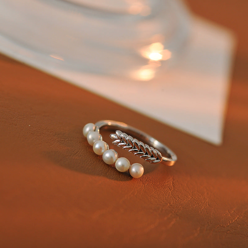 Wheat Ears Simulated Pearl Open Ring, Light Luxury Niche Design Cold Aesthetic Index Finger Ring