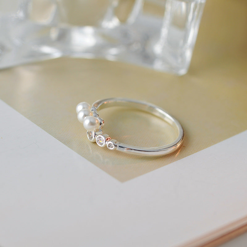 French Retro Grain Pearl Open Ring, High-End Zircon Adjustable Band for Women
