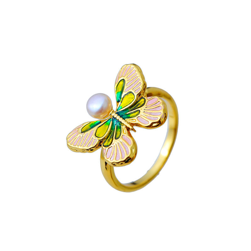 Falang color super fairy niche design Mori butterfly exquisite baroque pearl ring simple A10249