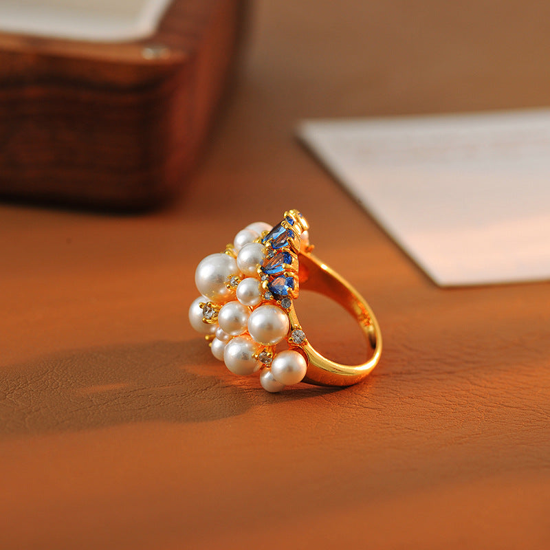 Shining stars full of diamonds pearl ring blue water drop design luxury fashion ring yellow zircon noble ring