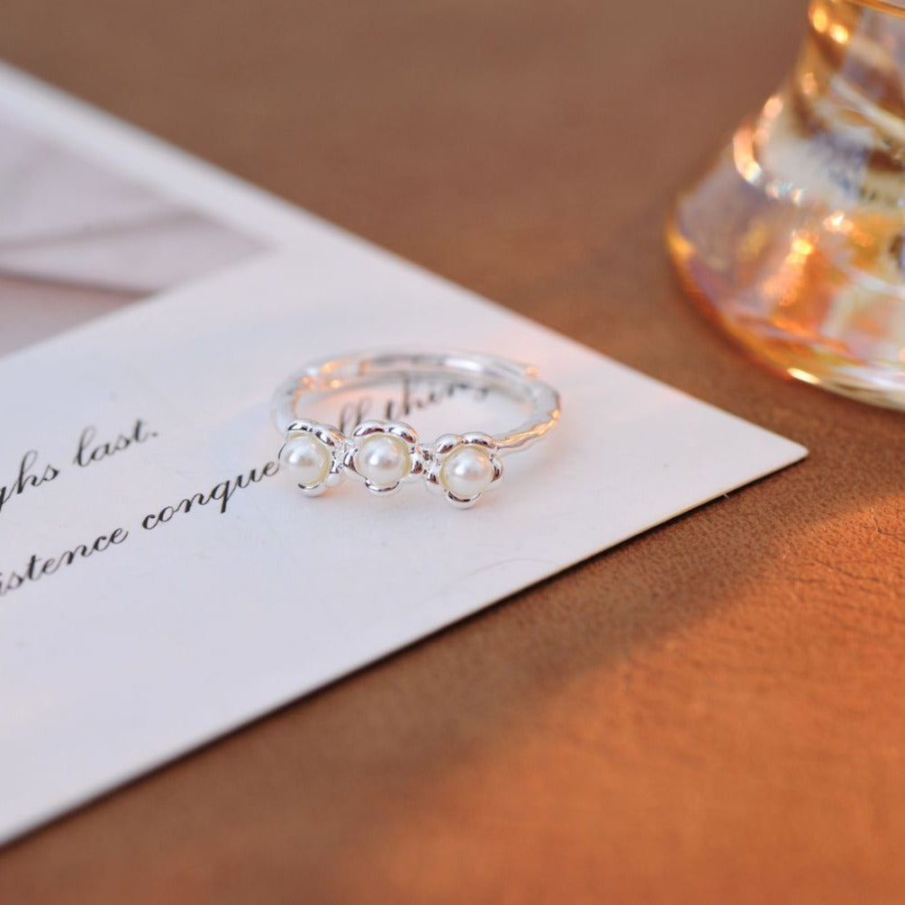 Minimalist S925 Sterling Silver Flower Ring with Mini Simulated Pearl, Small Aesthetic Open Adjustable Ring