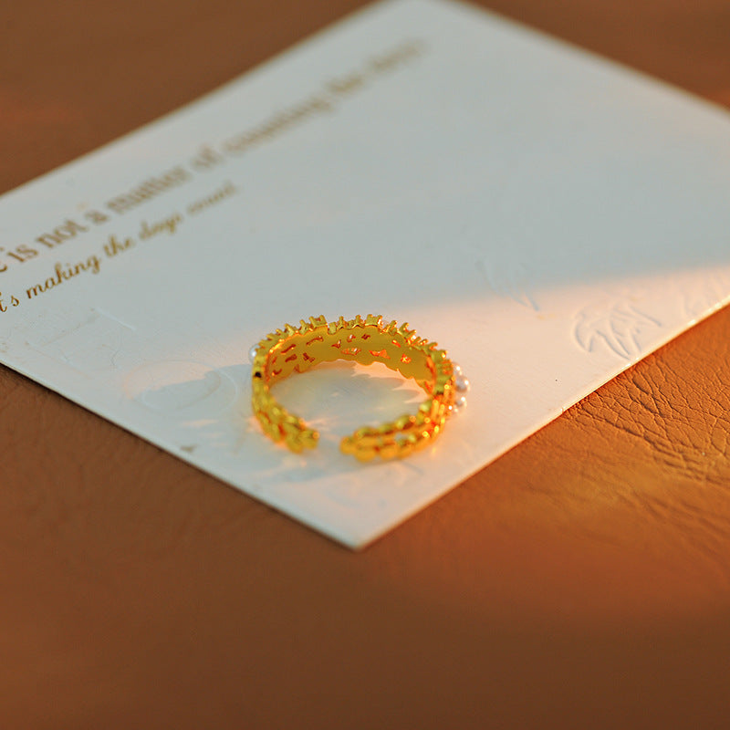 Gold Plated Round Simulated Pearl Zircon Open Ring, Light Luxury Index Finger Jewelry for Fashion Commute