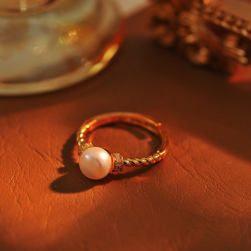 Luxury Micro-Pave French Simulated Pearl Ring, 2025 New Popular Tail Ring for Pinky Finger