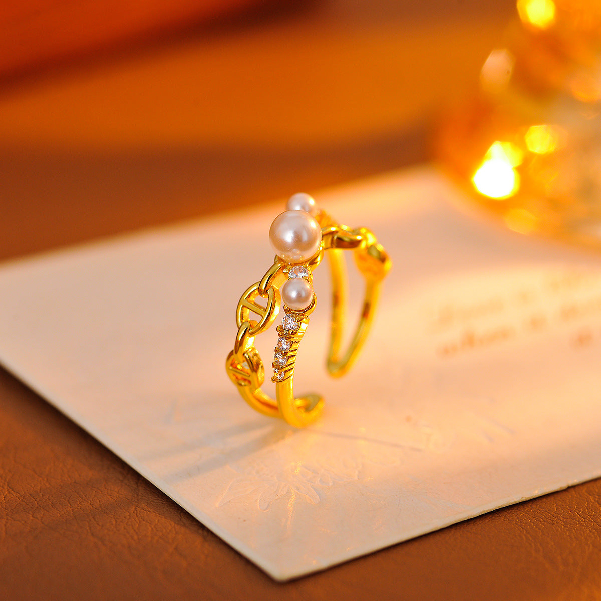 Chanel-style Simulated Pearl & Zircon Open Ring, Small Luxury Exquisite Index Finger Ring