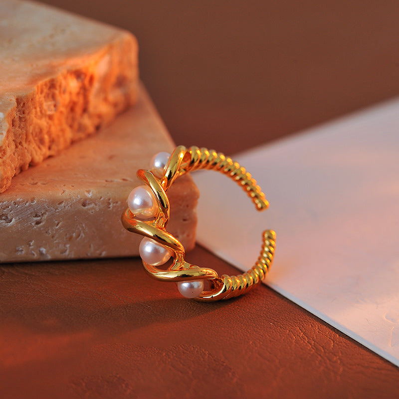 Korean Style Twist Multi-Bead Simulated Pearl Ring, Versatile Stacking Ring for Index Finger