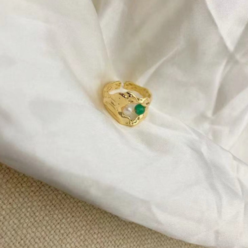 Copper alloy French retro irregular opening ring natural pearl fashion niche high-end real gold ring women