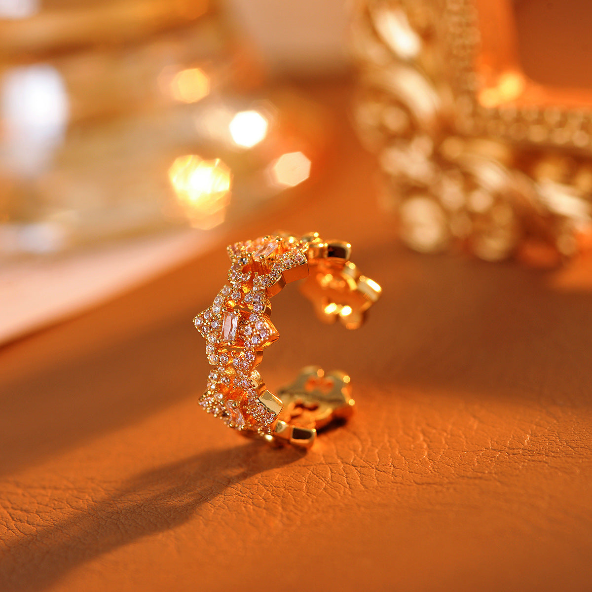 European Hollow-Out Flower Zircon Ring, Adjustable Niche Luxury Versatile Band