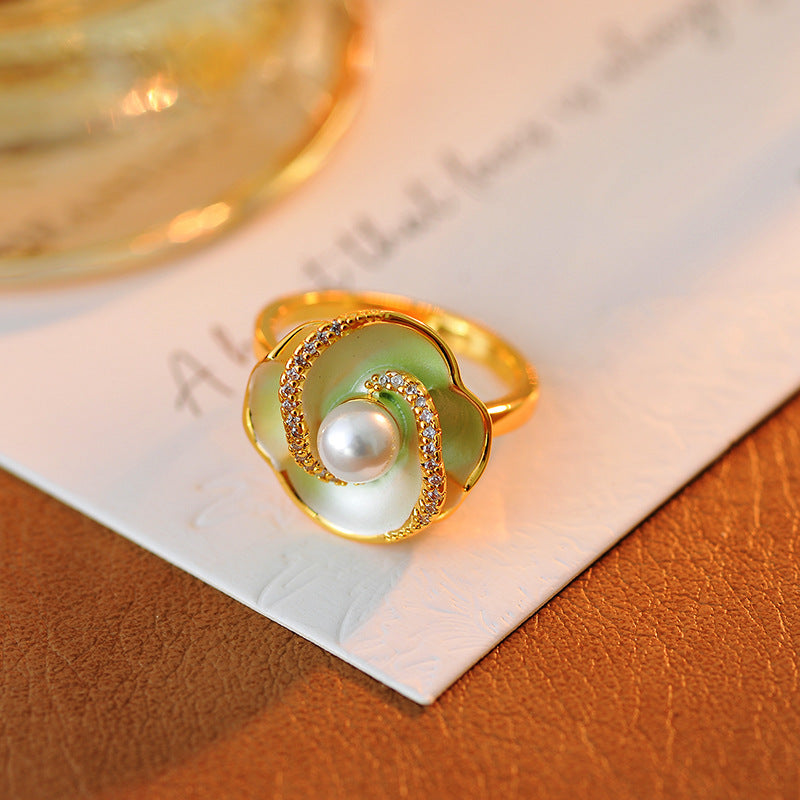Camellia pearl ring women's light luxury high-end sense enamel drip glaze open ring fresh green exquisite elegance adjustable