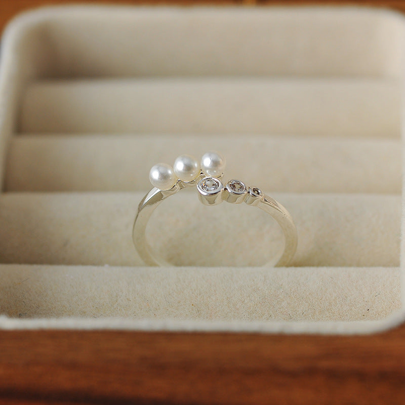 French Retro Grain Pearl Open Ring, High-End Zircon Adjustable Band for Women