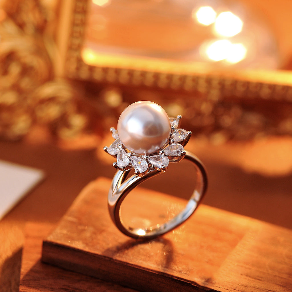 Light purple gray imitation pearl sunflower open ring fashion micro zircon adjustable ring female