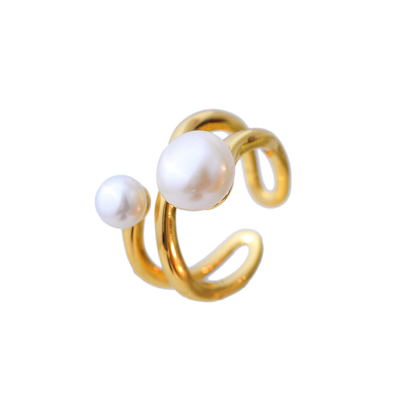 New European and American gold-plated exaggerated wide version index finger ring, high-end natural pearl ring, versatile hand jewelry A10322