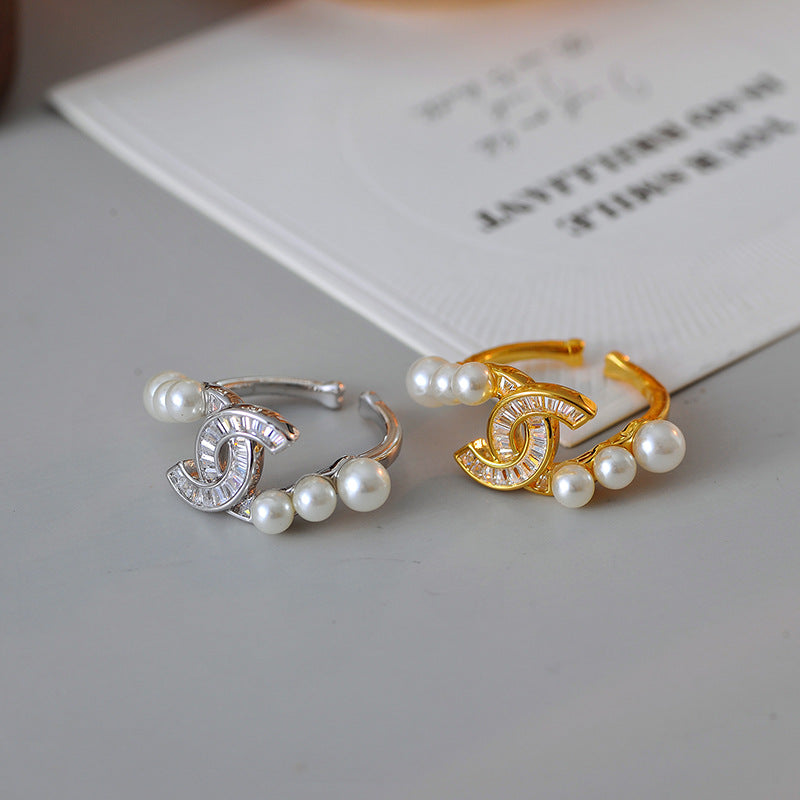 European and American fashion ins niche design pearl diamond ring women's fashion small fragrant zircon index finger ring