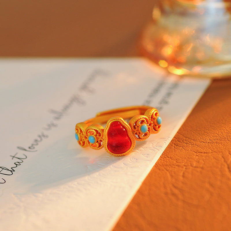 Grape Ice Purple Gourd Ring, Filigree Hollow-Out with Simulated Hetian Jade, New Chinese Style Gold-Tone Ring