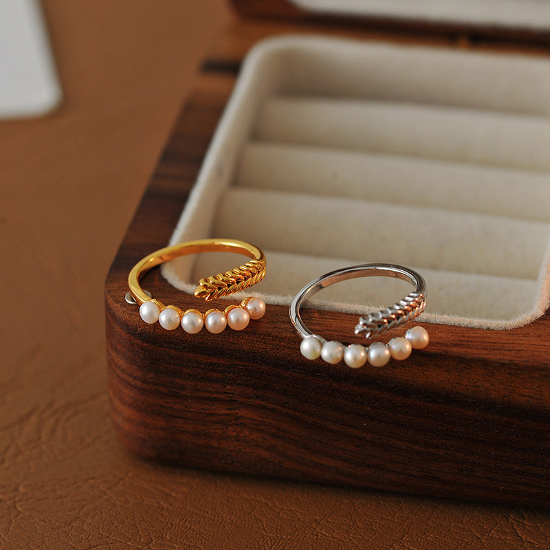 Wheat Ears Simulated Pearl Open Ring, Light Luxury Niche Design Cold Aesthetic Index Finger Ring