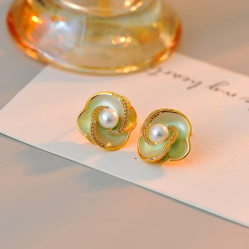 Camellia pearl ring women's light luxury high-end sense enamel drip glaze open ring fresh green exquisite elegance adjustable