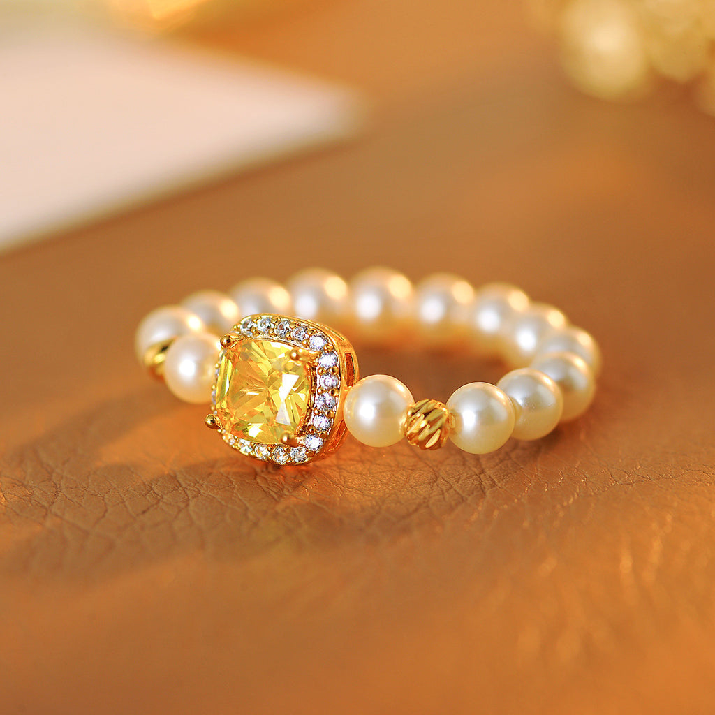 Sugar Cube Simulated Pearl Ring, Niche Geometric Elastic Band, Versatile Light Luxury Jewelry