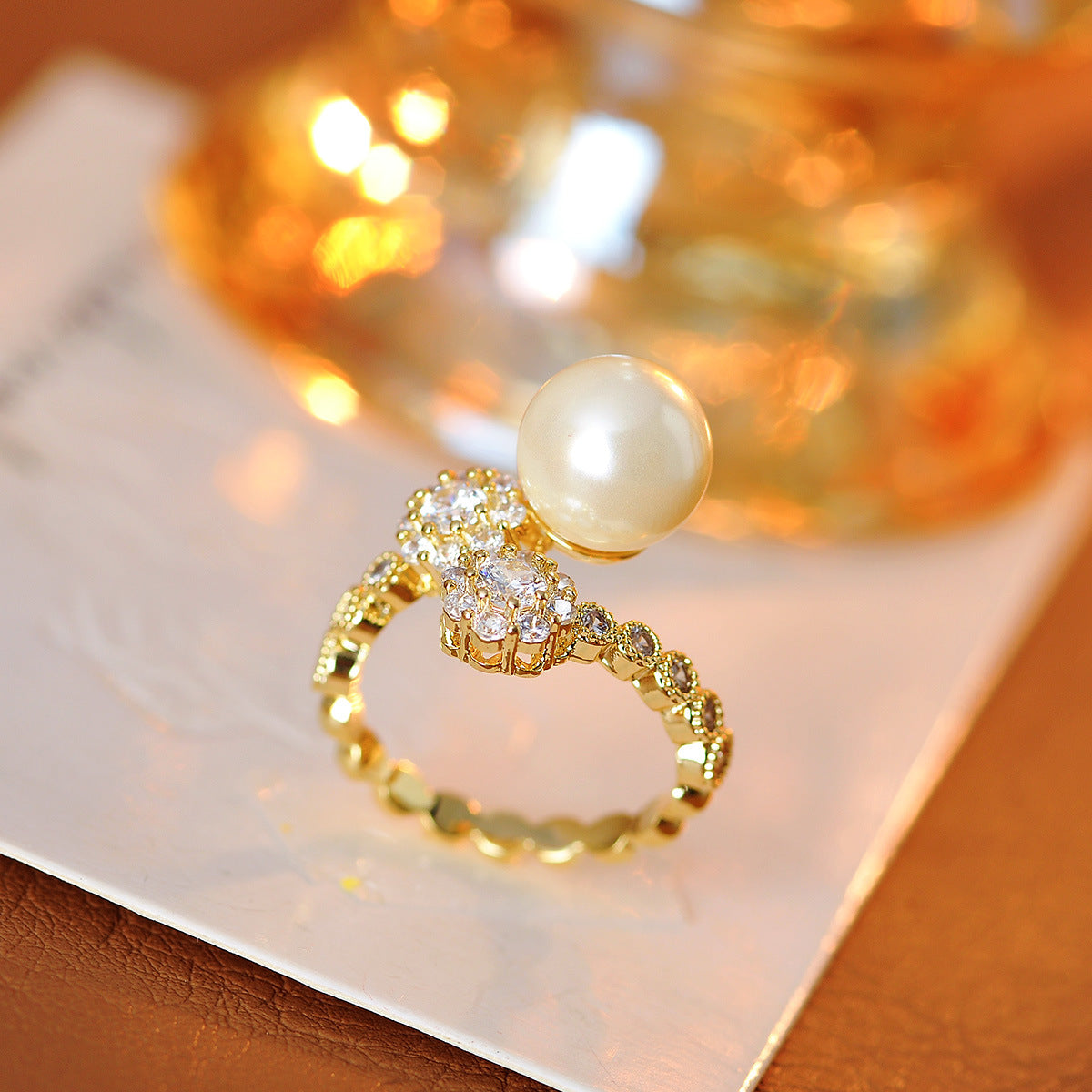 French Vintage Full-Diamond Australian White Pearl Ring - Unique Trendy High-End Index Finger Ring