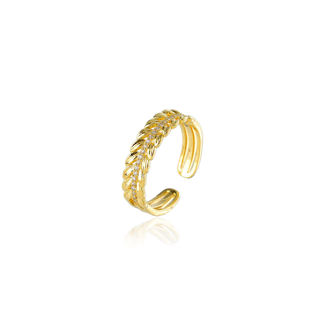 Luxury Hollow-Out Wheat Zircon Open Ring, Niche French-Inspired Design for Women