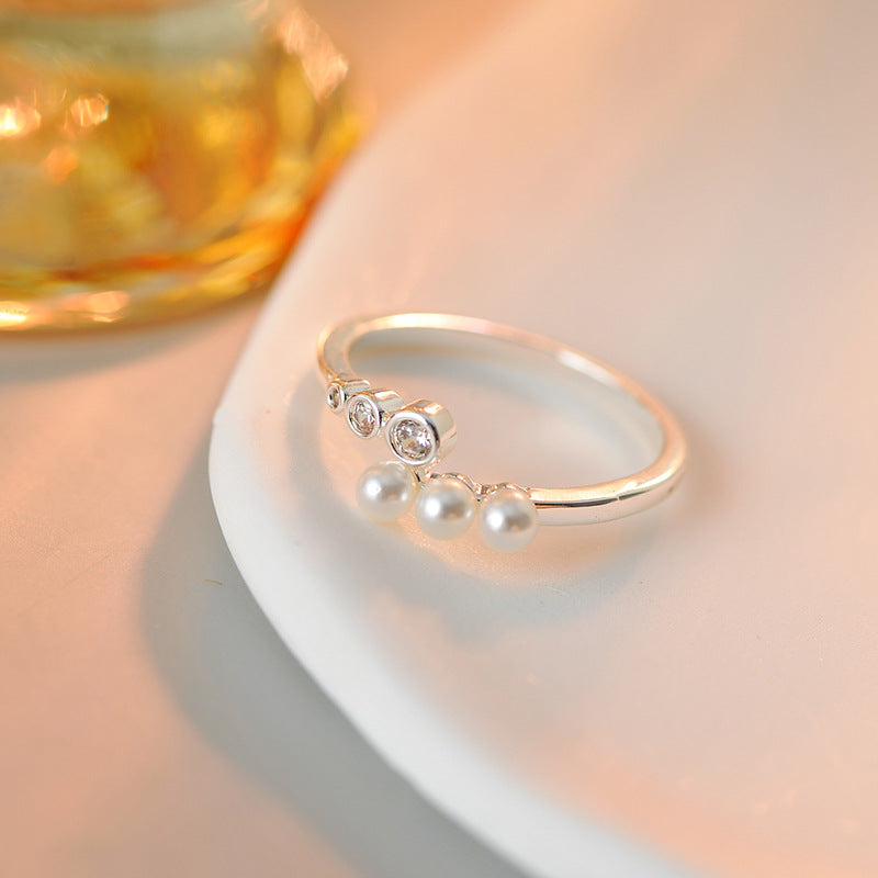 French Retro Grain Pearl Open Ring, High-End Zircon Adjustable Band for Women