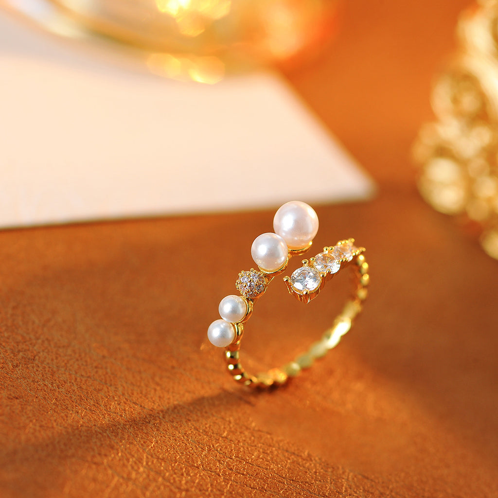 Minimalist Aesthetic Adjustable Simulated Pearl Zircon Ring, Small Luxury Index Finger Statement Ring