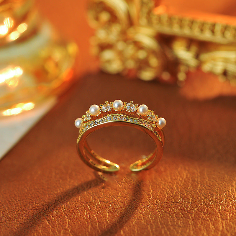 Dual Design Zircon & Simulated Pearl Open Ring, Niche Fashion Light Luxury Index Finger Ring