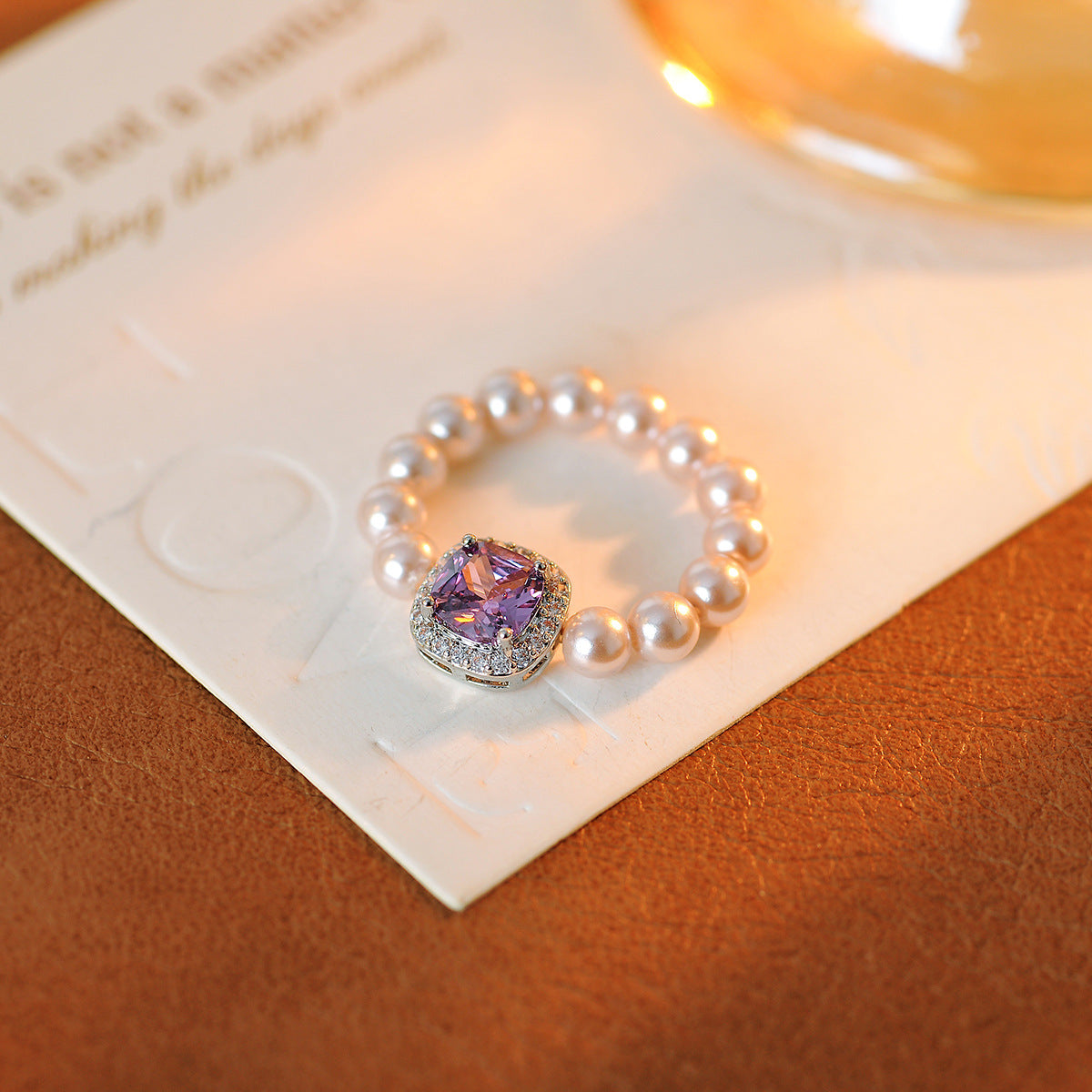 Korean INS Style Zircon & Simulated Pearl Elastic Ring, Niche Light Luxury Women's Jewelry