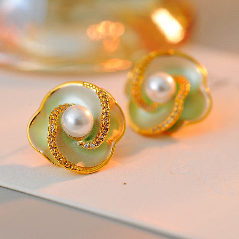 Camellia pearl ring women's light luxury high-end sense enamel drip glaze open ring fresh green exquisite elegance adjustable