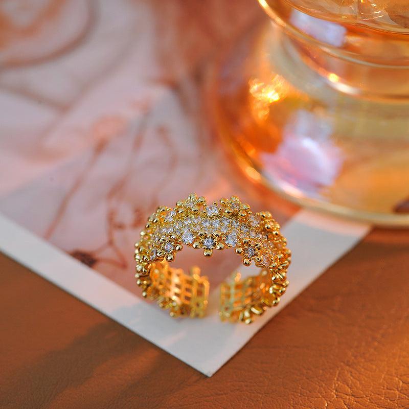 Minimalist Floral Hollow-Out Zircon Ring, Niche Index Finger Design with Luxury Aesthetic