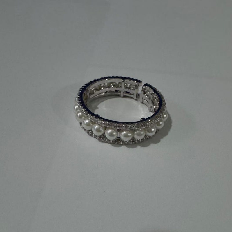 French Romantic Interlocking Simulated Pearl Zircon Ring, Adjustable Niche High-End Finger Jewelry
