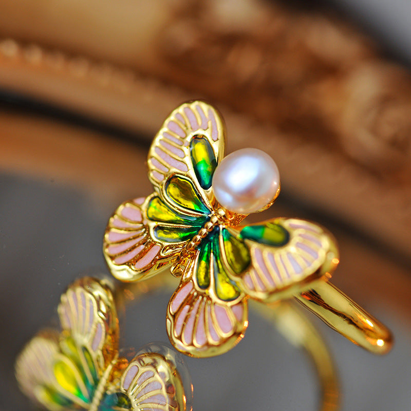 Falang color super fairy niche design Mori butterfly exquisite baroque pearl ring simple A10249