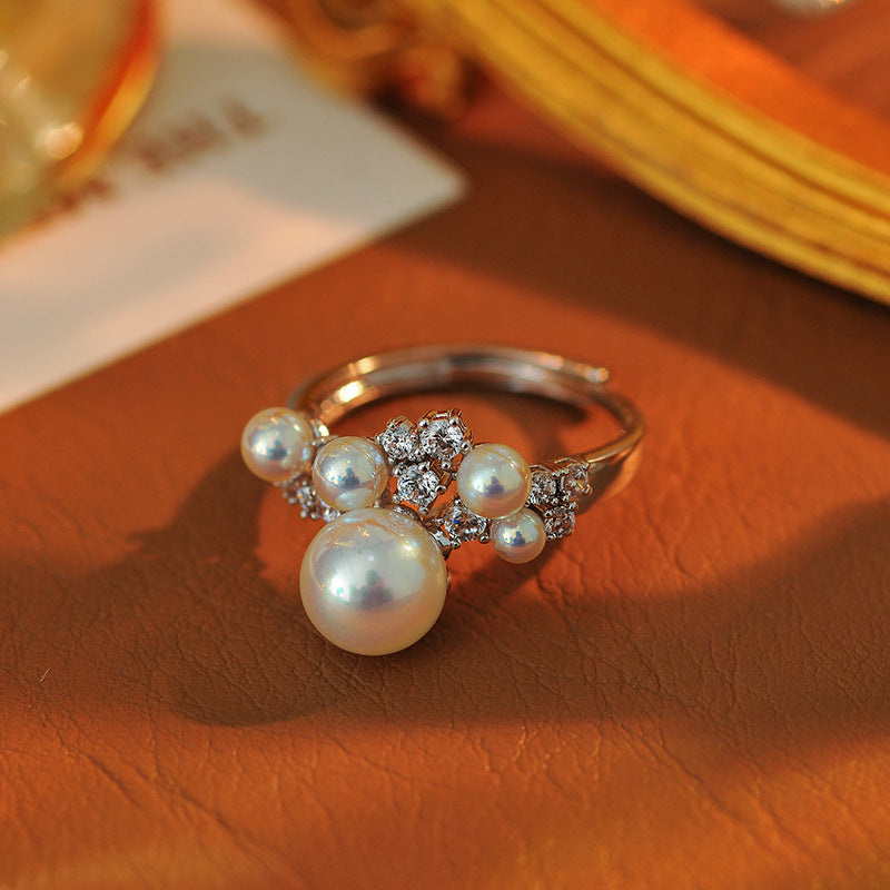 Luxury Micro-Pave French Simulated Pearl Pinky Ring, New Niche Design Tail Ring for Women