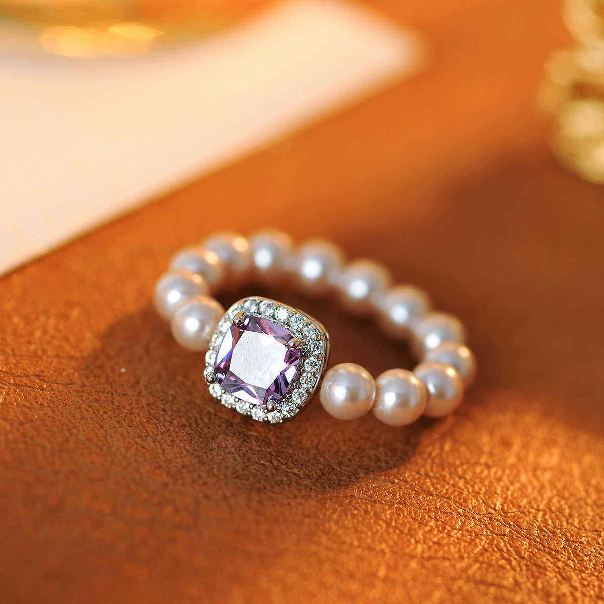 Korean INS Style Zircon & Simulated Pearl Elastic Ring, Niche Light Luxury Women's Jewelry