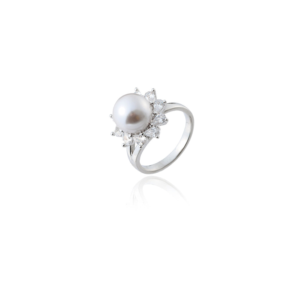 Light purple gray imitation pearl sunflower open ring fashion micro zircon adjustable ring female