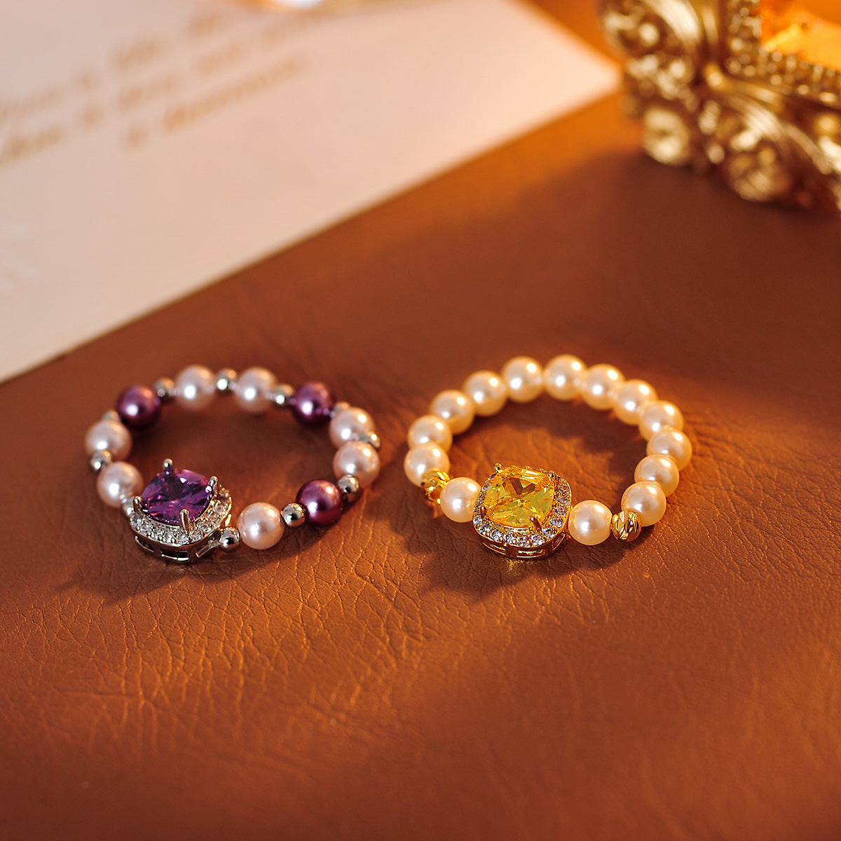 Retro literary and artistic sugar cube zircon pearl ring women's light luxury high-end fashion versatile bracelet jewelry