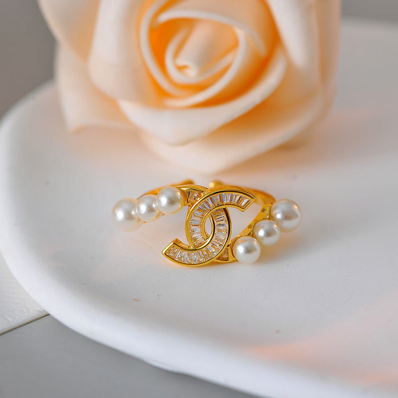 European and American fashion ins niche design pearl diamond ring women's fashion small fragrant zircon index finger ring